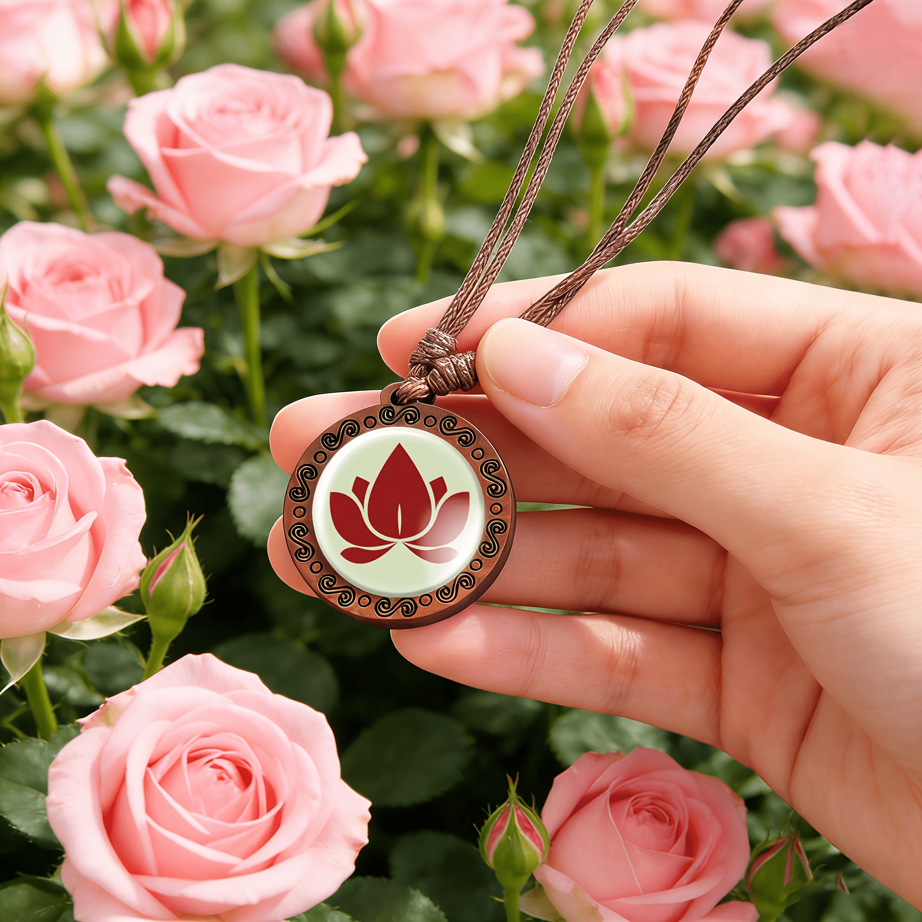 Handmade Wooden Lotus Carved Necklace, Gift for Couples